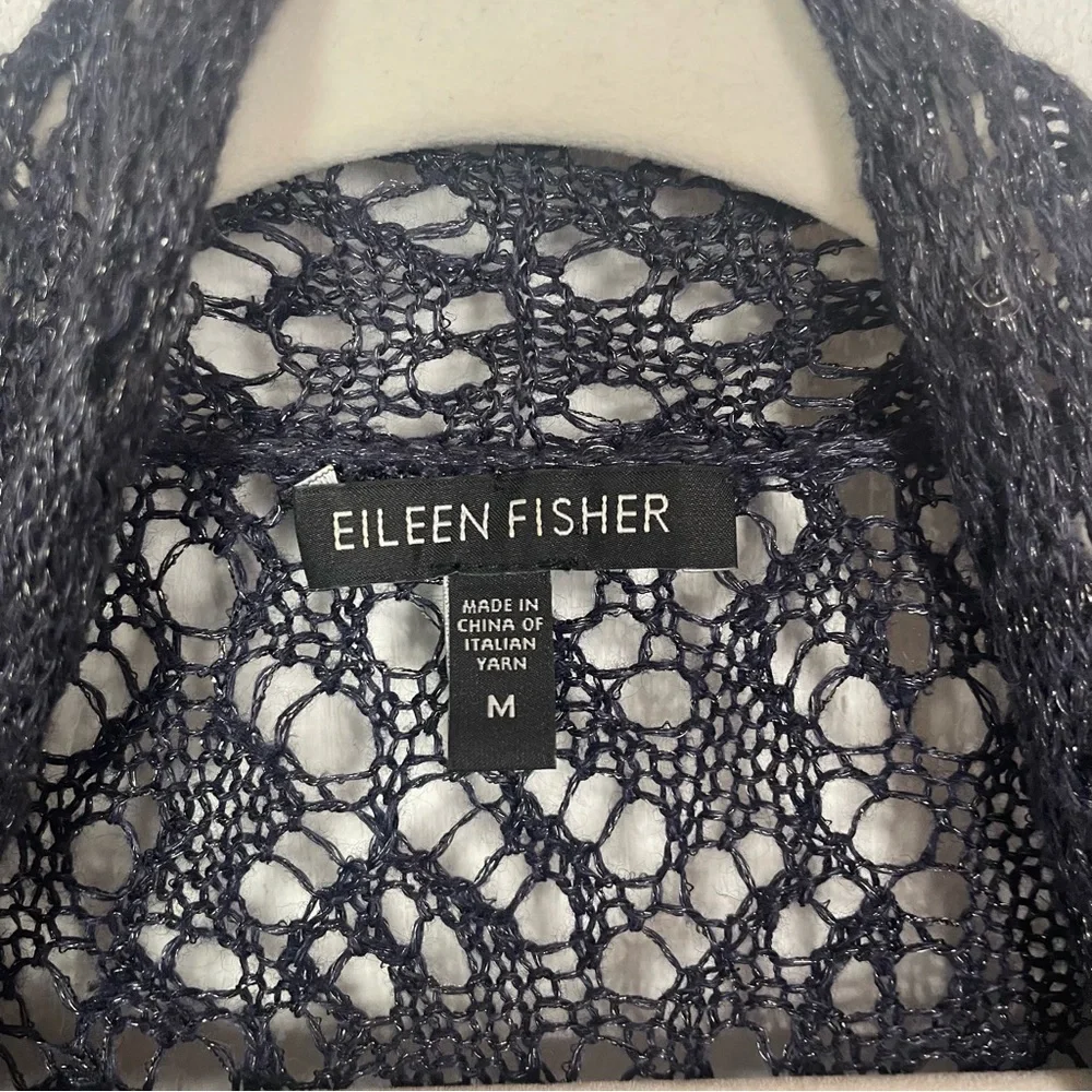 Eileen Fisher Open Front Crochet Cardigan‎ Linen Blend Blue Metallic Bohemian M - Picture 10 of 14